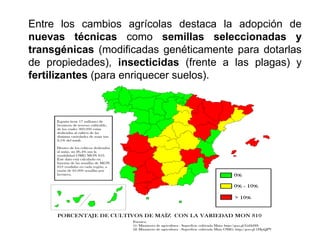 Entre los cambios agrícolas destaca la adopción de
nuevas técnicas como semillas seleccionadas y
transgénicas (modificadas genéticamente para dotarlas
de propiedades), insecticidas (frente a las plagas) y
fertilizantes (para enriquecer suelos).
 