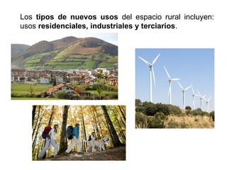 Los tipos de nuevos usos del espacio rural incluyen:
usos residenciales, industriales y terciarios.
 
