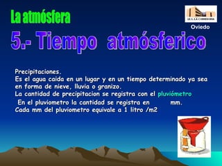 Precipitaciones. Es el agua caida en un lugar y en un tiempo determinado ya sea en forma de nieve, lluvia o granizo. La cantidad de precipitacion se registra con el  pluviómetro En el pluviometro la cantidad se registra en  mm. Cada mm del pluviometro equivale a 1 litro /m2 5.- Tiempo  atmósferico La atmósfera Oviedo 