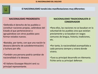 R.DE
1848
El NACIONALISMO tendrá dos manifestaciones muy diferentes:
NACIONALISMO PROGRESISTA
•Defendía el derecho de los pueblos a
constituir naciones propias, saliéndose del
Estado al que pertenecieran o
agrupándose con otros pueblos para
formar estados nuevos.
•Bastaba, por tanto, con que una nación lo
deseara (derecho de autodeterminación)
y luchara por ello.
•También una persona podría cambiar de
nacionalidad si lo deseara.
•El italiano Giuseppe Mazzini será su
principal representante.
NACIONALISMO TRADICIONALISTA O
CONSERVADOR
•Para ellos, las naciones no se basaban en la
voluntad de los pueblos sino que existían
previamente y se basaban en rasgos
comunes de lengua, historia, tradiciones,
etc.
•Por tanto, la nacionalidad acompañaba a
cada persona siempre y viviera donde
viviera.
•Tuvo su principal desarrollo en Alemania.
Fichte sería su principal defensor.
EL NACIONALISMO DEL SIGLOXIX
 