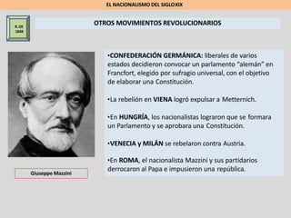 R.DE
1848
OTROS MOVIMIENTOS REVOLUCIONARIOS
•CONFEDERACIÓN GERMÁNICA: liberales de varios
estados decidieron convocar un parlamento “alemán” en
Francfort, elegido por sufragio universal, con el objetivo
de elaborar una Constitución.
•La rebelión en VIENA logró expulsar a Metternich.
•En HUNGRÍA, los nacionalistas lograron que se formara
un Parlamento y se aprobara una Constitución.
•VENECIA y MILÁN se rebelaron contra Austria.
•En ROMA, el nacionalista Mazzini y sus partidarios
derrocaron al Papa e impusieron una república.
Giuseppe Mazzini
EL NACIONALISMO DEL SIGLOXIX
 