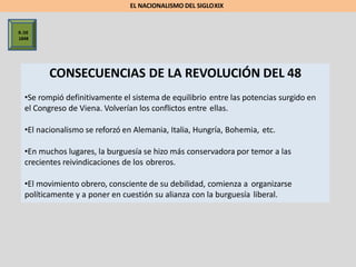 R.DE
1848
CONSECUENCIAS DE LA REVOLUCIÓN DEL 48
•Se rompió definitivamente el sistema de equilibrio entre las potencias surgido en
el Congreso de Viena. Volverían los conflictos entre ellas.
•El nacionalismo se reforzó en Alemania, Italia, Hungría, Bohemia, etc.
•En muchos lugares, la burguesía se hizo más conservadora por temor a las
crecientes reivindicaciones de los obreros.
•El movimiento obrero, consciente de su debilidad, comienza a organizarse
políticamente y a poner en cuestión su alianza con la burguesía liberal.
EL NACIONALISMO DEL SIGLOXIX
 