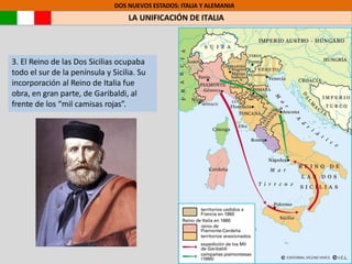 3. El Reino de las Dos Sicilias ocupaba
todo el sur de la península y Sicilia. Su
incorporación al Reino de Italia fue
obra, en gran parte, de Garibaldi, al
frente de los “mil camisas rojas”.
DOS NUEVOS ESTADOS: ITALIA Y ALEMANIA
LA UNIFICACIÓN DE ITALIA
 