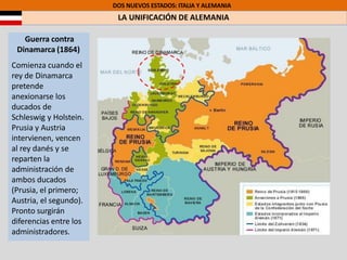Guerra contra
Dinamarca (1864)
Comienza cuando el
rey de Dinamarca
pretende
anexionarse los
ducados de
Schleswig y Holstein.
Prusia y Austria
intervienen, vencen
al rey danés y se
reparten la
administración de
ambos ducados
(Prusia, el primero;
Austria, el segundo).
Pronto surgirán
diferencias entre los
administradores.
DOS NUEVOS ESTADOS: ITALIA Y ALEMANIA
LA UNIFICACIÓN DE ALEMANIA
 