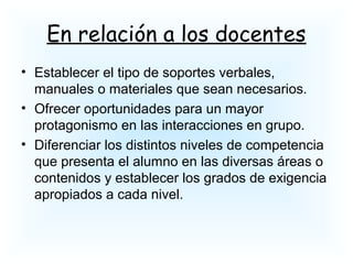 En relación a los docentes
• Establecer el tipo de soportes verbales,
manuales o materiales que sean necesarios.
• Ofrecer oportunidades para un mayor
protagonismo en las interacciones en grupo.
• Diferenciar los distintos niveles de competencia
que presenta el alumno en las diversas áreas o
contenidos y establecer los grados de exigencia
apropiados a cada nivel.
 