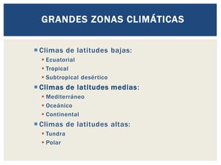  Climas de latitudes bajas:
▪ Ecuatorial
▪ Tropical
▪ Subtropical desértico
 Climas de latitudes medias:
▪ Mediterráneo
▪ Oceánico
▪ Continental
 Climas de latitudes altas:
▪ Tundra
▪ Polar
GRANDES ZONAS CLIMÁTICAS
 