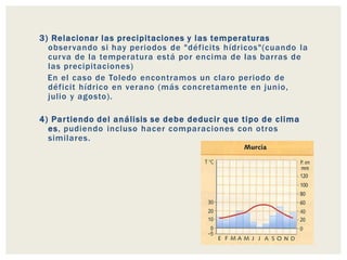 3) Relacionar las precipitaciones y las temperaturas
observando si hay periodos de "déficits hídricos"(cuando la
curva de la temperatura está por encima de las barras de
las precipitaciones)
En el caso de Toledo encontramos un claro periodo de
déficit hídrico en verano (más concretamente en junio,
julio y agosto).
4) Partiendo del análisis se debe deducir que tipo de clima
es, pudiendo incluso hacer comparaciones con otros
similares.
 