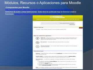 Módulos, Recursos o Aplicaciones para Moodle -Componentes para Moodle:http://aprendeenlinea.udea.edu.co/lms/investigacion/course/view.php?id=50&topic=4 Derechos de autor y otras restricciones - Esta obra es publicada bajo la licencia CreativeCommonsAtribucion-NoComercial-SinObrasDerivadas 2.5 Colombia 