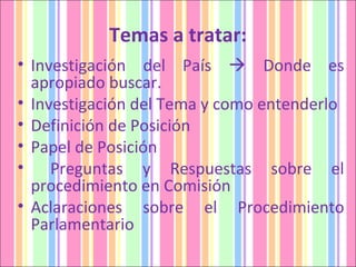 Temas a tratar: Investigación del País    Donde es apropiado buscar. Investigación del Tema y como entenderlo  Definición de Posición Papel de Posición  Preguntas y Respuestas sobre el procedimiento en Comisión  Aclaraciones sobre el Procedimiento Parlamentario 