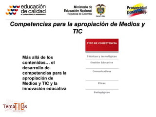 Competencias para la apropiación de Medios y
                    TIC



    Más allá de los
    contenidos… el
    desarrollo de
    competencias para la
    apropiación de
    Medios y TIC y la
    innovación educativa
 