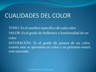 CUALIDADES DEL COLOR
TONO: Es el nombre específico de cada color.
VALOR: Es el grado de brillantez o luminosidad de un
color.
SATURACIÓN: Es el grado de pureza de un color,
cuanto más se aproxima un color a su primario estará
más saturado.
Jenny Miranda Mora - Diseño Gráfico
 