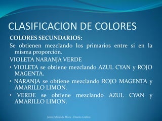 CLASIFICACION DE COLORES
COLORES SECUNDARIOS:
Se obtienen mezclando los primarios entre si en la
misma proporción.
VIOLETA NARANJA VERDE
• VIOLETA se obtiene mezclando AZUL CYAN y ROJO
MAGENTA.
• NARANJA se obtiene mezclando ROJO MAGENTA y
AMARILLO LIMON.
• VERDE se obtiene mezclando AZUL CYAN y
AMARILLO LIMON.
Jenny Miranda Mora - Diseño Gráfico
 