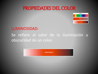 PROPIEDADES DEL COLOR 
LUMINOSIDAD: 
Se refiere al valor de la iluminación u 
obscuridad de un color. 
 
