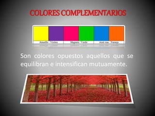 COLORES COMPLEMENTARIOS 
Son colores opuestos aquellos que se 
equilibran e intensifican mutuamente. 
 