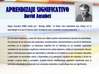 APRENDIZAJE SIGNIFICATIVOAPRENDIZAJE SIGNIFICATIVO
David AusubelDavid Ausubel
Según Ausubel (1986) citado por Barriga (2002): “el factor más importante que influye en el
aprendizaje es lo que el alumno sabe. Averígüese esto y enséñese consecuentemente…”.
Es una teoría cognitiva y, como tal, tienen por objeto explicar teóricamente el proceso de aprendizaje.
Se preocupa de los procesos de compresión, transformación, almacenamiento y uso de la información
envueltos en la cognición. La estructura cognitiva de un individuo es un complejo organizado
resultante de los procesos cognitivos a través de los cuales adquiere y utiliza el conocimiento. Nuevas
ideas e informaciones pueden ser aprendidas y retenidas en la medida en la que conceptos relevantes
o adecuados se encuentren claros y disponibles en la estructura cognitiva del individuo y sirvan de
anclaje a nuevas ideas y conceptos. Cuando nuevas informaciones adquieren significado para el
individuo a través de la interacción con conceptos existentes, el aprendizaje dice ser significativo.
 