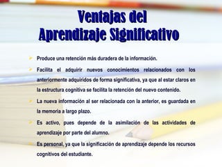 Ventajas delVentajas del
Aprendizaje SignificativoAprendizaje Significativo
 Produce una retención más duradera de la información.
 Facilita el adquirir nuevos conocimientos relacionados con los
anteriormente adquiridos de forma significativa, ya que al estar claros en
la estructura cognitiva se facilita la retención del nuevo contenido.
 La nueva información al ser relacionada con la anterior, es guardada en
la memoria a largo plazo.
 Es activo, pues depende de la asimilación de las actividades de
aprendizaje por parte del alumno.
 Es personal, ya que la significación de aprendizaje depende los recursos
cognitivos del estudiante.
 