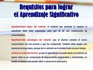 Requisitos para lograrRequisitos para lograr
el Aprendizaje Significativoel Aprendizaje Significativo
 Significatividad lógica del material: el material que presenta el maestro al
estudiante debe estar organizado, para que se dé una construcción de
conocimientos.
 Significatividad psicológica del material: que el alumno conecte el nuevo
conocimiento con los previos y que los comprenda. También debe poseer una
memoria de largo plazo, porque de lo contrario se le olvidará todo en poco tiempo.
 Actitud favorable del alumno: ya que el aprendizaje no puede darse si el alumno no
quiere. Este es un componente de disposiciones emocionales y actitudinales, en
donde el maestro sólo puede influir a través de la motivación.
 