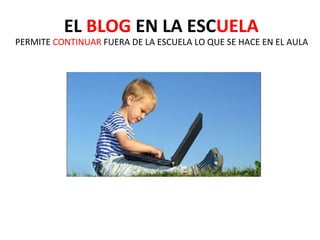 EL BLOG EN LA ESCUELA
PERMITE CONTINUAR FUERA DE LA ESCUELA LO QUE SE HACE EN EL AULA
 