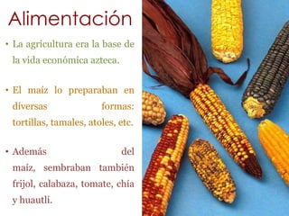 Alimentación
• La agricultura era la base de
 la vida económica azteca.


• El maíz lo preparaban en
 diversas               formas:
 tortillas, tamales, atoles, etc.


• Además                     del
 maíz, sembraban también
 frijol, calabaza, tomate, chía
 y huautli.
 