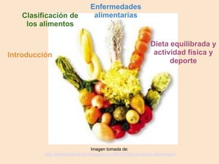 Enfermedades
   Clasificación de              alimentarias
    los alimentos

                                                               Dieta equilibrada y
Introducción                                                    actividad física y
                                                                     deporte




                                     Imagen tomada de:
         http://laestrellainfantil.blogspot.com/2010/06/una-buena-alimentacion.html
 