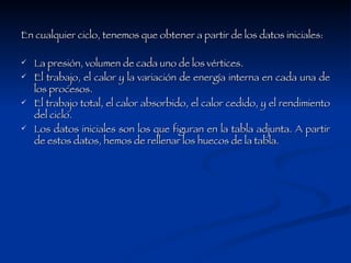 En cualquier ciclo, tenemos que obtener a partir de los datos iniciales:  La presión, volumen de cada uno de los vértices.  El trabajo, el calor y la variación de energía interna en cada una de los procesos.  El trabajo total, el calor absorbido, el calor cedido, y el rendimiento del ciclo.  Los datos iniciales son los que figuran en la tabla adjunta. A partir de estos datos, hemos de rellenar los huecos de la tabla. 
