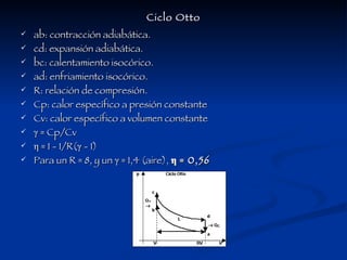 Ciclo Otto ab: contracción adiabática. cd: expansión adiabática. bc: calentamiento isocórico. ad: enfriamiento isocórico. R: relación de compresión. Cp: calor específico a presión constante Cv: calor específico a volumen constante γ  = Cp/Cv  η = 1 - 1/R(γ - 1) Para un R = 8, y un γ = 1,4 (aire),  η = 0,56 