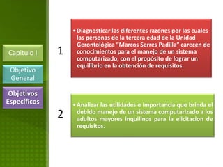 • Diagnosticar las diferentes razones por las cuales
                    las personas de la tercera edad de la Unidad
                    Gerontológica “Marcos Serres Padilla” carecen de
Capitulo I    1     conocimientos para el manejo de un sistema
                    computarizado, con el propósito de lograr un
                    equilibrio en la obtención de requisitos.
 Objetivo
 General

 Objetivos
Específicos       • Analizar las utilidades e importancia que brinda el
              2     debido manejo de un sistema computarizado a los
                    adultos mayores inquilinos para la elicitacion de
                    requisitos.
 