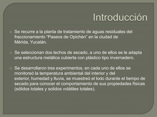  Se recurre a la planta de tratamiento de aguas residuales del
fraccionamiento “Paseos de Opichén” en la ciudad de
Mérida, Yucatán.
 Se seleccionan dos lechos de secado, a uno de ellos se le adapta
una estructura metálica cubierta con plástico tipo invernadero.
 Se desarrollaron tres experimentos, en cada uno de ellos se
monitoreó la temperatura ambiental del interior y del
exterior, humedad y lluvia, se muestreó el lodo durante el tiempo de
secado para conocer el comportamiento de sus propiedades físicas
(sólidos totales y solidos volátiles totales).
 