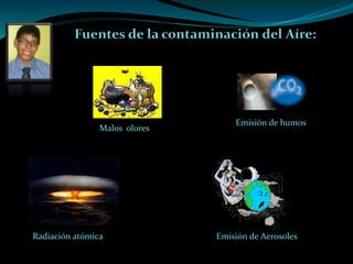 Fuentes de la contaminación del Aíre:
Emisión de humos
Emisión de Aerosoles
Malos olores
Radiación atómica
 