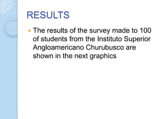 RESULTS


The results of the survey made to 100
of students from the Instituto Superior
Angloamericano Churubusco are
shown in the next graphics

 