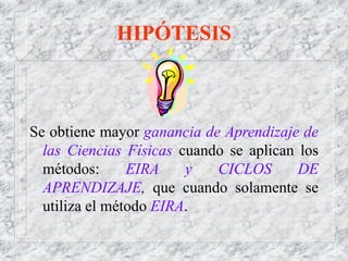 HIPÓTESIS
Se obtiene mayor ganancia de Aprendizaje de
las Ciencias Físicas cuando se aplican los
métodos: EIRA y CICLOS DE...