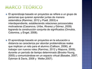  El aprendizaje basado en proyectos se refiere a un grupo de
personas que quieren aprender juntas de manera
sistemática (Ramírez, 2012 y Poell, 2003) e
interdependiente, estableciendo relaciones psicosociales
motivadoras (Casanova, Uribe, Álvarez y Gómez ,2009)
logrando la construcción conjunta de significados (Onrubia,
Colomina, y Engel, 2008).
 El aprendizaje basado en proyectos en la educación a
distancia se caracteriza por abordar problemáticas reales
que implican un reto para el alumno (Callison, 2006), al
trabajar con nuevos roles (Ramírez, 2012 y Mapuva, 2009),
durante un período de tiempo determinado (Brooks-Young,
2005) y comunicándose en un espacio virtual (Basabe, 2007;
Dykman & Davis, 2008 y Weller,2007).
 