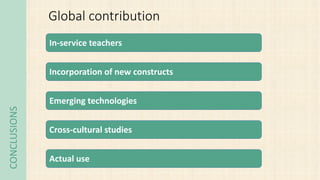 CONCLUSIONS
In-service teachers
Incorporation of new constructs
Emerging technologies
Cross-cultural studies
Actual use
Gl...