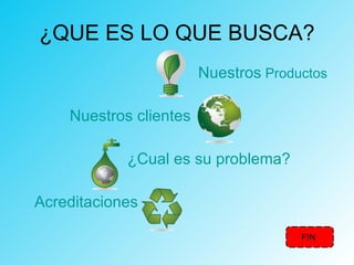 ¿QUE ES LO QUE BUSCA? Nuestros  Productos   Nuestros clientes ¿Cual es su problema? Acreditaciones FIN 