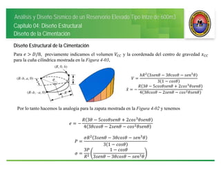 Análisis y Diseño Sísmico de un Reservorio Elevado Tipo Intze de 600m3
Capitulo 04: Diseño Estructural
Diseño de la Cimentación
Diseño Estructural de la Cimentación
Para /8, previamente indicamos el volumen y la coordenada del centro de gravedad
para la cuña cilíndrica mostrada en la Figura 4-03,
3 3
3 1
3 5 2
4 3 2
Por lo tanto hacemos la analogía para la zapata mostrada en la Figura 4-02 y tenemos
3 5 2
4 3 2
3 3
3 1
3 1
3 3
 