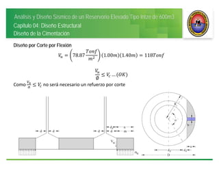 Análisis y Diseño Sísmico de un Reservorio Elevado Tipo Intze de 600m3
Capitulo 04: Diseño Estructural
Diseño de la Cimentación
Diseño por Corte por Flexión
78.87 1.00 1.40 118
∅
…
Como 
∅
no será necesario un refuerzo por corte
 