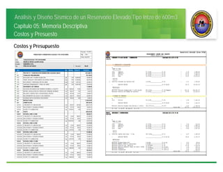 Análisis y Diseño Sísmico de un Reservorio Elevado Tipo Intze de 600m3
Capitulo 05: Memoria Descriptiva
Costos y Presuesto
Costos y Presupuesto
 