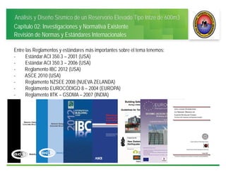Análisis y Diseño Sísmico de un Reservorio Elevado Tipo Intze de 600m3
Capítulo 02: Investigaciones y Normativa Existente
Revisión de Normas y Estándares Internacionales
Entre las Reglamentos y estándares más importantes sobre el tema tenemos:
- Estándar ACI 350.3 – 2001 (USA)
- Estándar ACI 350.3 – 2006 (USA)
- Reglamento IBC 2012 (USA)
- ASCE 2010 (USA)
- Reglamento NZSEE 2008 (NUEVA ZELANDA)
- Reglamento EUROCÓDIGO 8 – 2004 (EUROPA)
- Reglamento IITK – GSDMA – 2007 (INDIA)
 