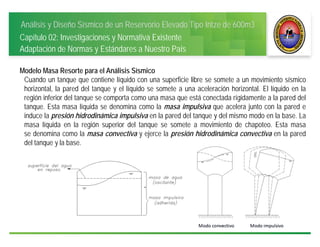 Análisis y Diseño Sísmico de un Reservorio Elevado Tipo Intze de 600m3
Capítulo 02: Investigaciones y Normativa Existente
Adaptación de Normas y Estándares a Nuestro País
Modelo Masa Resorte para el Análisis Sísmico
Cuando un tanque que contiene líquido con una superficie libre se somete a un movimiento sísmico
horizontal, la pared del tanque y el líquido se somete a una aceleración horizontal. El líquido en la
región inferior del tanque se comporta como una masa que está conectada rígidamente a la pared del
tanque. Esta masa líquida se denomina como la masa impulsiva que acelera junto con la pared e
induce la presión hidrodinámica impulsiva en la pared del tanque y del mismo modo en la base. La
masa líquida en la región superior del tanque se somete a movimiento de chapoteo. Esta masa
se denomina como la masa convectiva y ejerce la presión hidrodinámica convectiva en la pared
del tanque y la base.
 