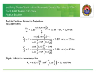 Análisis y Diseño Sísmico de un Reservorio Elevado Tipo Intze de 600m3
Capitulo 03: Análisis Estructural
Análisis Estatico
Análisis Estático – Reservorio Equivalente
Masa convectiva
0.23
tanh 3.68
0.534 → 320
1
cosh 3.68 1
3.68 3.68
0.569 → 2.74
∗
1
cosh 3.68 2.01
3.68 3.68
0.944 → ∗
4.54
Rigidez del resorte masa convectiva
0.836 2
3.68 	 82	 /
 