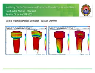 Análisis y Diseño Sísmico de un Reservorio Elevado Tipo Intze de 600m3
Capitulo 03: Análisis Estructural
Análisis Dinámico SAP2000
Modelo Tridimensional con Elementos Finitos en SAP2000
 