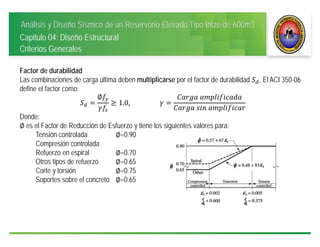 Análisis y Diseño Sísmico de un Reservorio Elevado Tipo Intze de 600m3
Capitulo 04: Diseño Estructural
Criterios Generales
Factor de durabilidad
Las combinaciones de carga última deben multiplicarse por el factor de durabilidad , El ACI 350-06
define el factor como:
∅
1.0, 									
	
	 	
Donde:
∅ es el Factor de Reducción de Esfuerzo y tiene los siguientes valores para:
Tensión controlada ∅=0.90
Compresión controlada
Refuerzo en espiral ∅=0.70
Otros tipos de refuerzo ∅=0.65
Corte y torsión ∅=0.75
Soportes sobre el concreto ∅=0.65
 