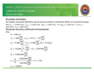 Análisis y Diseño Sísmico de un Reservorio Elevado Tipo Intze de 600m3
Capitulo 04: Diseño Estructural
Diseño del Tanque
Resultados del Análisis
Del análisis estructural obtenemos que las fuerzas anulares y momentos últimos en la pared del tanque
son 55.00	 , 15.00	 , 6.00	 , 	 1.00	 ,
0.03	 , 9.00	
Diseño por tracción y verificación de fisuramiento
Para
100	
′ 280 → 0.1 ′ 28
4,200 → 1,400 	 0.33
15,000 ′ → 250,998 	
2,000,000
2,000,000
250,998
→ 7.97
0.0003
 