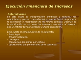 Ejecución Financiera de Ingresos Determinación En esta etapa es indispensable identificar y registrar las condiciones y plazos o periodicidad en que se habrá de producir la percepción o recaudación de los fondos públicos, además de la verificación de los aspectos formales asociados al derecho que la entidad tuviera respecto a dicha percepción. Está sujeta al señalamiento de lo siguiente: Base legal. Deudor tributario. Concepto. Liquidación del monto por cobrar. Oportunidad y/o periodicidad de la cobranza. 