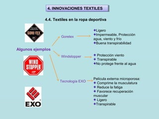 4. INNOVACIONES TEXTILES4. INNOVACIONES TEXTILES
4.4. Textiles en la ropa deportiva
Goretex
Windstopper
Tecnología EXO
Algunos ejemplos
Ligero
Impermeable, Protección
agua, viento y frío
Buena transpirabilidad
Protección viento
Transpirable
No protege frente al agua
Película externa microporosa:
Comprime la musculatura
Reduce la fatiga
Favorece recuperación
muscular
Ligero
Transpirable
 