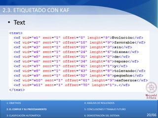 2.3. ETIQUETADO CON KAF
• Text
1: OBJETIVOS
2: EL CORPUS Y SU PROCESAMIENTO
3: CLASIFICACIÓN AUTOMÁTICA
4: ANÁLISIS DE RESULTADOS
5: CONCLUSIONES Y TRABAJO FUTURO
6: DEMOSTRACIÓN DEL SISTEMA 20/66
 