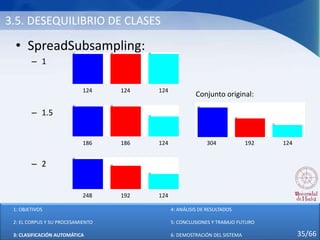 3.5. DESEQUILIBRIO DE CLASES
• SpreadSubsampling:
– 1
– 1.5
– 2
124 124 124
186 186 124
248 192 124
1: OBJETIVOS
2: EL CORPUS Y SU PROCESAMIENTO
3: CLASIFICACIÓN AUTOMÁTICA
4: ANÁLISIS DE RESULTADOS
5: CONCLUSIONES Y TRABAJO FUTURO
6: DEMOSTRACIÓN DEL SISTEMA 35/66
304 192 124
Conjunto original:
 