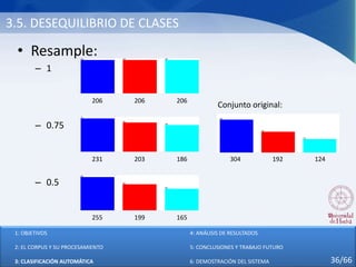 3.5. DESEQUILIBRIO DE CLASES
• Resample:
– 1
– 0.75
– 0.5
206 206 206
231 203 186
255 199 165
1: OBJETIVOS
2: EL CORPUS Y SU PROCESAMIENTO
3: CLASIFICACIÓN AUTOMÁTICA
4: ANÁLISIS DE RESULTADOS
5: CONCLUSIONES Y TRABAJO FUTURO
6: DEMOSTRACIÓN DEL SISTEMA 36/66
304 192 124
Conjunto original:
 