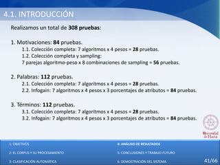 4.1. INTRODUCCIÓN
Realizamos un total de 308 pruebas:
1. Motivaciones: 84 pruebas.
1.1. Colección completa: 7 algoritmos x 4 pesos = 28 pruebas.
1.2. Colección completa y sampling:
7 parejas algoritmo-peso x 8 combinaciones de sampling = 56 pruebas.
2. Palabras: 112 pruebas.
2.1. Colección completa: 7 algoritmos x 4 pesos = 28 pruebas.
2.2. Infogain: 7 algoritmos x 4 pesos x 3 porcentajes de atributos = 84 pruebas.
3. Términos: 112 pruebas.
3.1. Colección completa: 7 algoritmos x 4 pesos = 28 pruebas.
3.2. Infogain: 7 algoritmos x 4 pesos x 3 porcentajes de atributos = 84 pruebas.
1: OBJETIVOS
2: EL CORPUS Y SU PROCESAMIENTO
3: CLASIFICACIÓN AUTOMÁTICA
4: ANÁLISIS DE RESULTADOS
5: CONCLUSIONES Y TRABAJO FUTURO
6: DEMOSTRACIÓN DEL SISTEMA 41/66
 