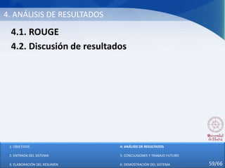 4. ANÁLISIS DE RESULTADOS
4.1. ROUGE
4.2. Discusión de resultados
1: OBJETIVOS
2: ENTRADA DEL SISTEMA
3: ELABORACIÓN DEL RESUMEN
4: ANÁLISIS DE RESULTADOS
5: CONCLUSIONES Y TRABAJO FUTURO
6: DEMOSTRACIÓN DEL SISTEMA 59/66
 